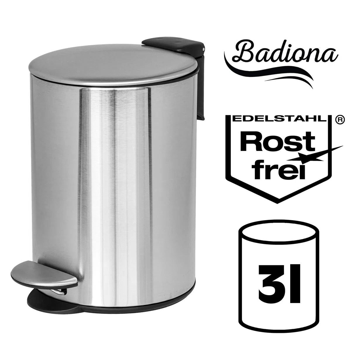 Kosmetikeimer Bad 3l Edelstahl Absenkautomatik | Bad Mülleimer Badezimmer | Abfalleimer Bad Silber Kosmetikmülleimer | Badmülleimer Chrom | Kosmetikeimer Metall klein | 3 Liter Badmüllereimer