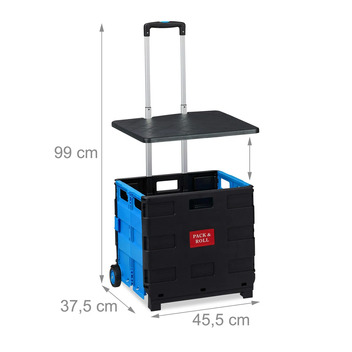 Relaxdays Einkaufstrolley klappbar, bis 35 kg, 50 l Kiste, mit Teleskopgriff, 2 Rollen, Transport Trolley, blau/schwarz