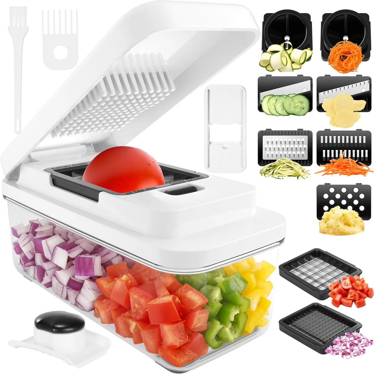 Gemüseschneider und Spiralschneider, Mandoline Gemüsehobel, Würfelschneider Zwiebelschneider, Reibe für Gemüse mit 9 Austauschbare Klingen, Gemüse Schneider für Tomate, Kartoffel, Gurke