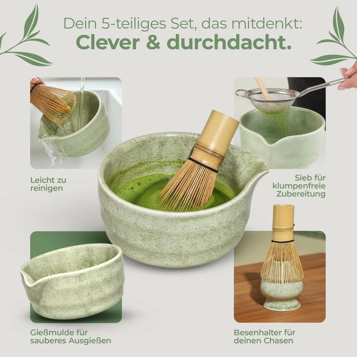 comforder Matcha Set mit Besen – Komplett mit Matchaschale mit Ausgießer, Chasen, Halter, Löffel und Edelstahlsieb, 500 ml Schale in Geschenkdose, 5-teilig, Grün