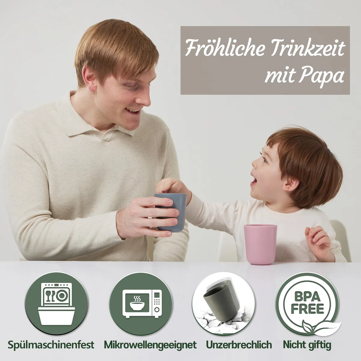 BIO ZUCKERROHR Kleinkindbecher 300 ml, 5 Stück - LFGB & USDA Zertifizierter Kinderbecher - BPA Frei - Spülmaschinenfest, Wiederverwendbar, Unzerbrechlich – Graublau