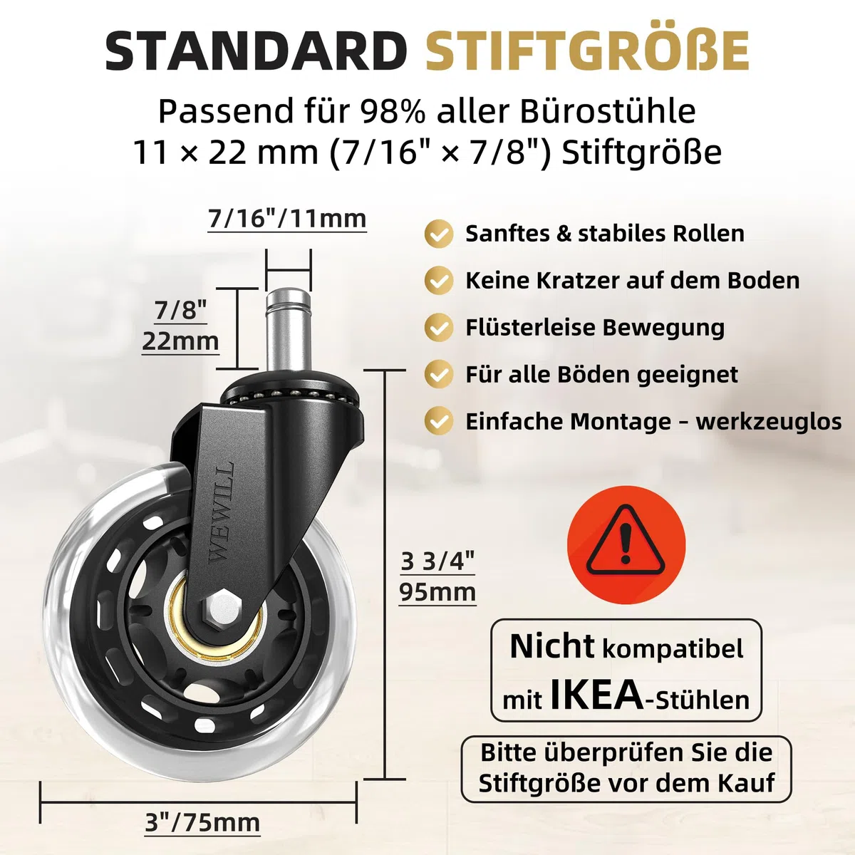 WEWILL Bürostuhl Rollen Stuhlrollen bis 300 kg Schreibtischstuhl Gummirollen Hartbodenrollen, Sehr leise Bürostuhlrollen 5PCS 11x22 mm, Keine Bodenschutzmatte Nötig Keine Kratzer im Boden