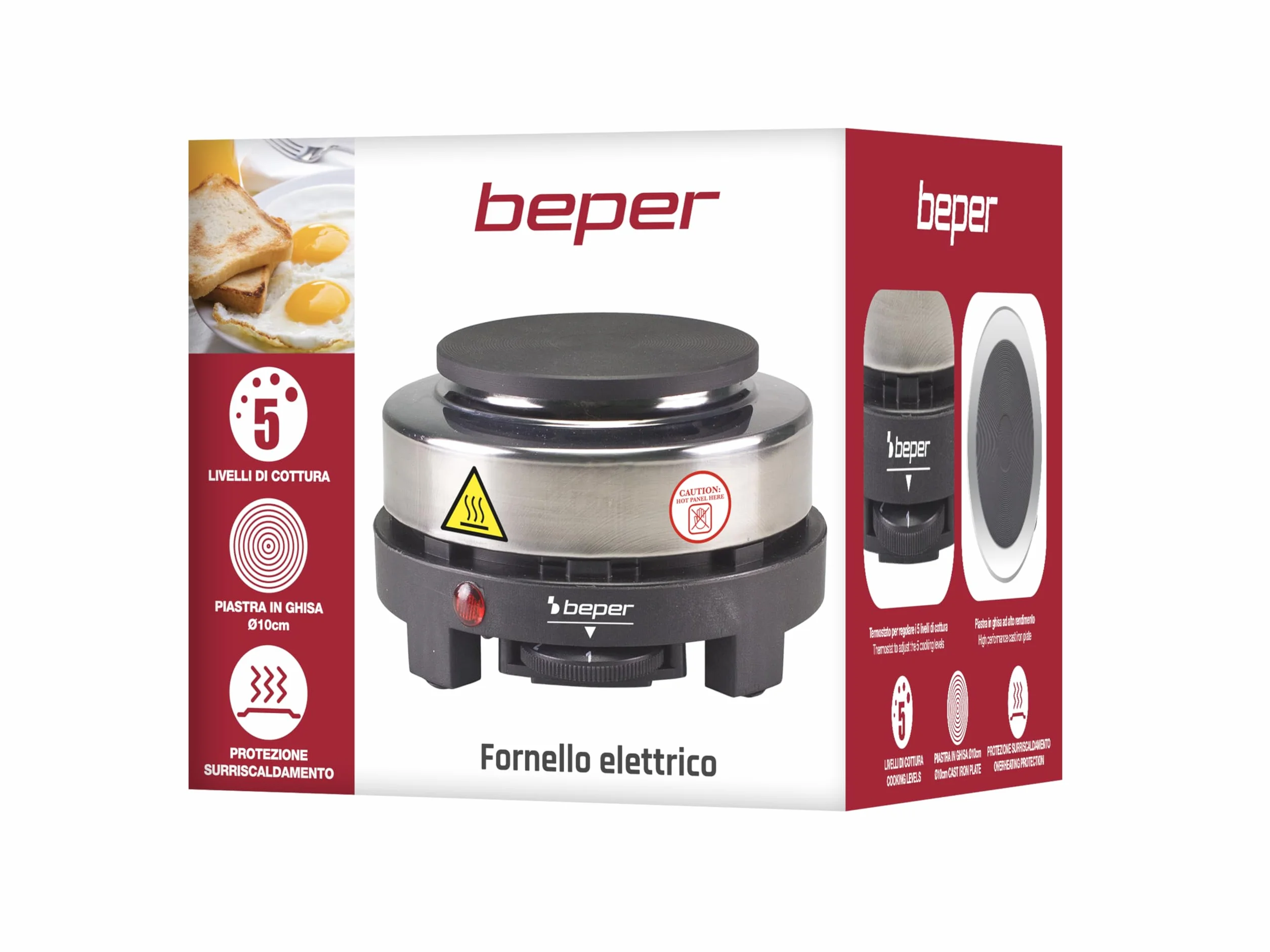 BEPER P101PIA003 - Kochplatte Elektrisch aus Gusseisen/Edelstahl, 5 Brennstufen, 10 cm Platte, 500W, Schwarz/Silber