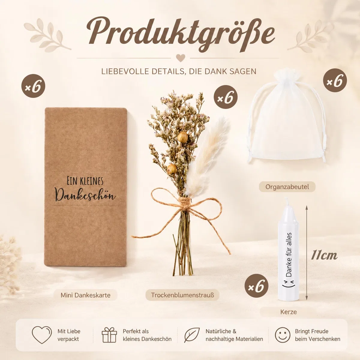 Tenare 6 Sets Danke für Alles Geschenk Kerzen Trockenblumen Organzabeutel Kartenhülle Dankesgeschenk Ein Kleines Dankeschön Abschiedsgeschenk für Kollegen Lehrer Freunde Abschied Abschluss Team