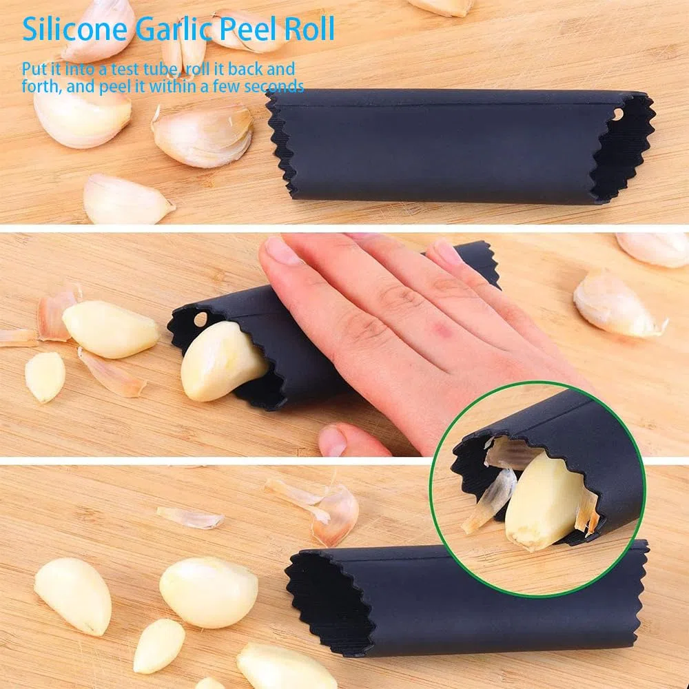 Knoblauchpresse Edelstahl, Knoblauchpresse Wippe, Küchenhelfer Garlic Press mit praktischem Reinigungsbürstchen und Silikon Knoblauchschäler Set