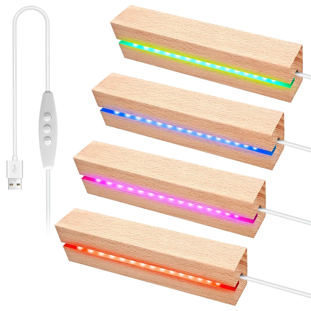 BORDEAG 4 Stück Led Lichter Display Basis, Led Lichtsockel, Led Sockel Holz, 7 Farben Rechteckige Lichter Display Basis, Holz Led Lichtsockel, Led Holzsockel, Für Glasblock, Kristalle, Glas