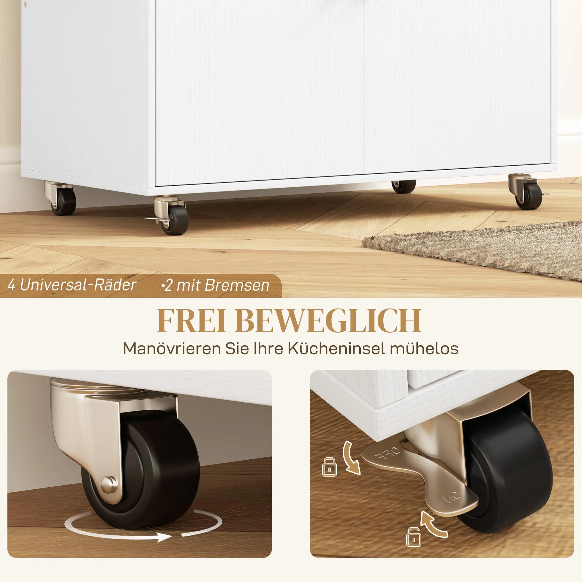 HOMCOM Kücheninsel Küchenwagen auf Rollen mit Klappbar Arbeitsplatte, Schublade, Küchenschrank Rollbar mit Einlegeboden, Handtuchstange, Gewürzregal, Servierwagen Weiß