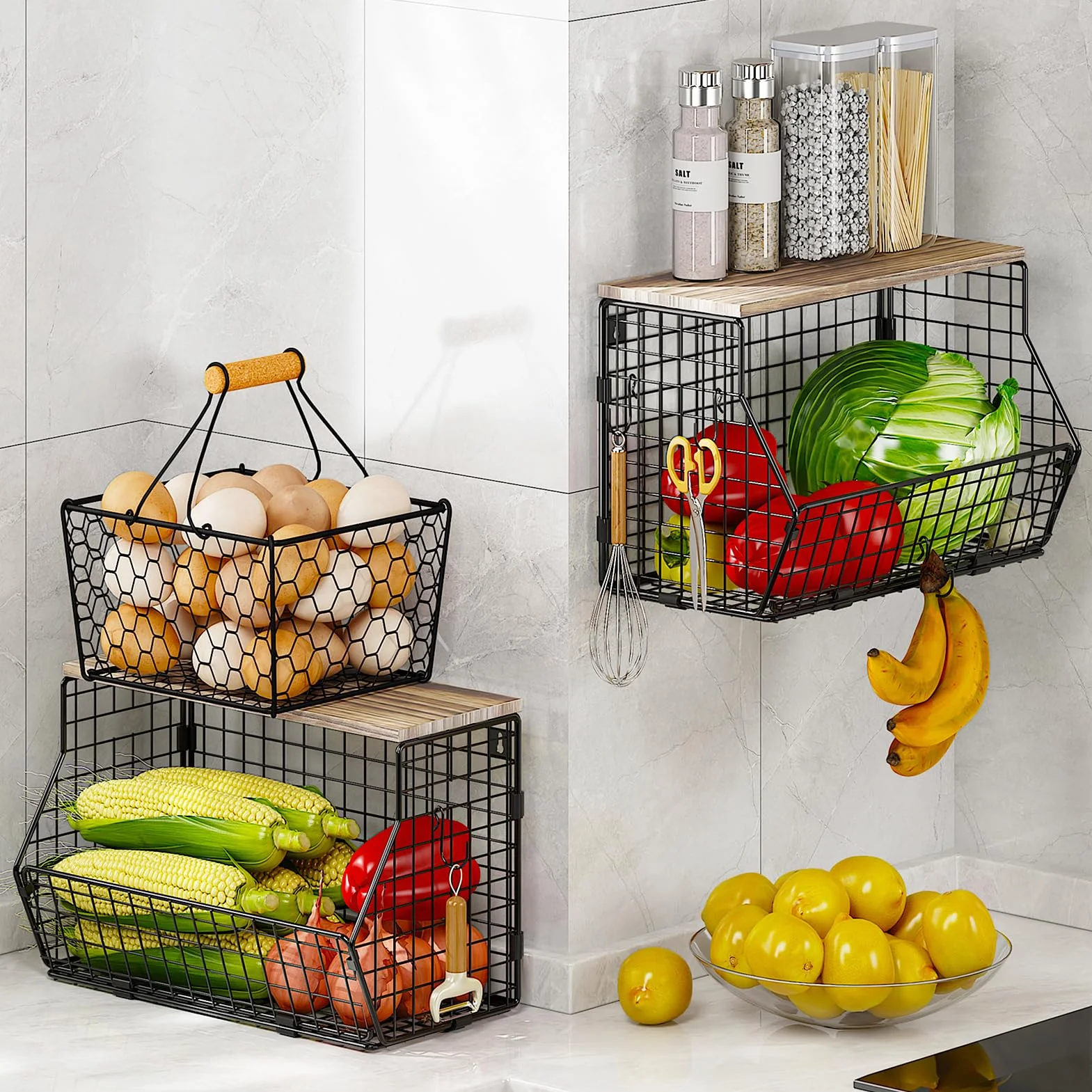 WELDUN Obstkorb aus Metall, hängende Obstschale mit Bananenaufhänger, Stapelbar Küchenorganizer, Obstständer Obstregal, Wand Aufbewahrungskörbe für Gemüse, Obst, Brot