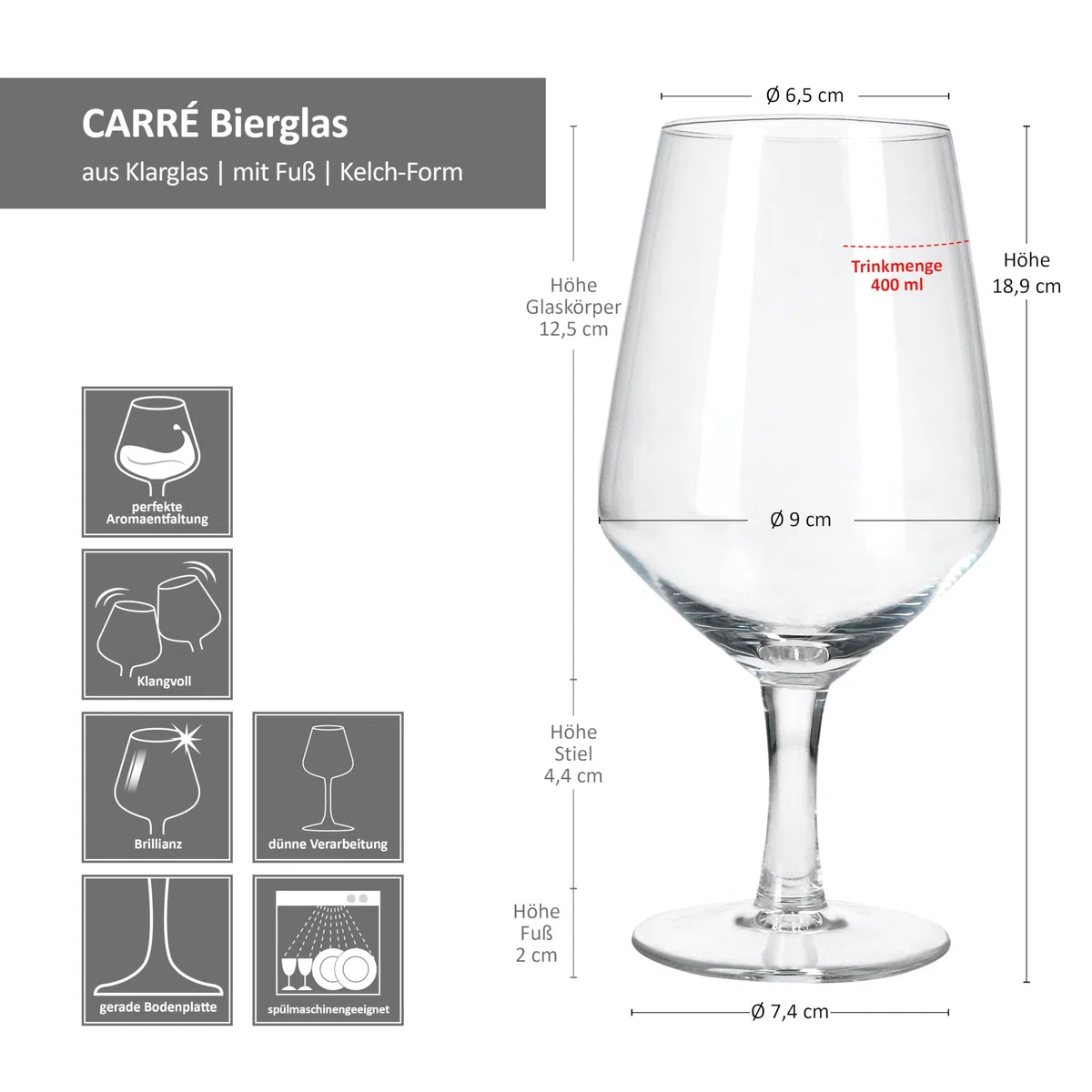 MamboCat 6er Set Carré Bierglas I 400ml, Höhe 18cm I für 6 Personen I Bierkelch aus Glas mit Fuß I transparentes Bierglas I Biergläser für Partys, Geburtstage, Feiern, Bierfeste & Co