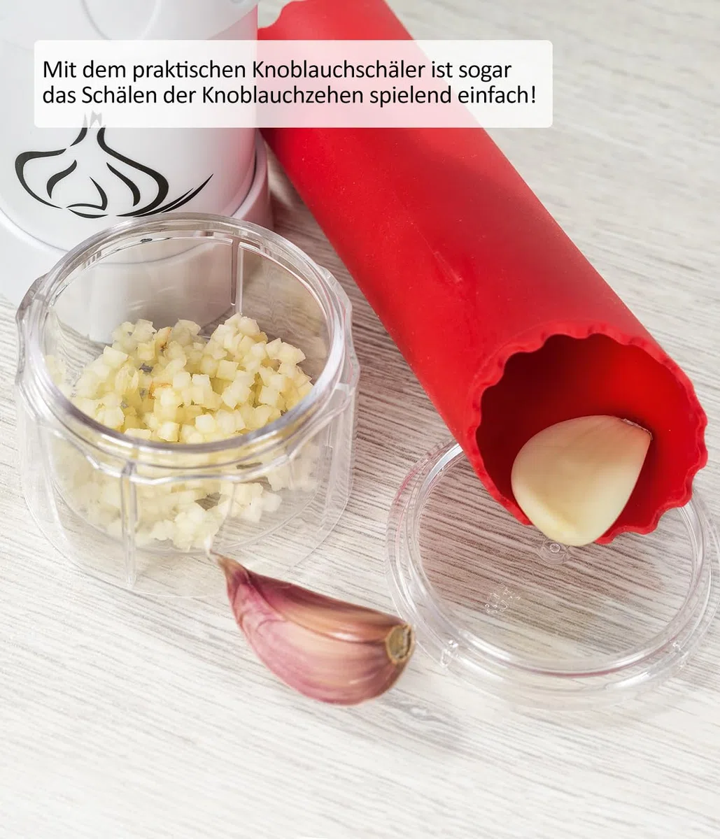 Genius Knoblauchpresse G5 3-tlg, Knoblauchschneider Garlic Press mit Auffangbehälter und Deckel, Knoblauch Crusher, Küchenschneider Spülmaschinenfest einfach zu reinigen, Weiß