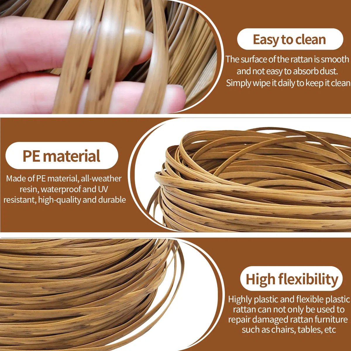 NEUSID 110 m PE Rattan Reparatur Set, Synthetische Rattan Reparaturmaterial 5 mm breit Zuschneidbar für Stuhl Liegestuhl Heimwerken Weben oder Reparaturen (Holzmaserungsfarbe)
