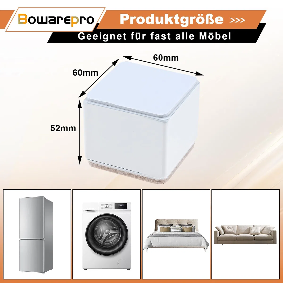 4 Stück Karbonstahl Möbelerhöhung 5 cm Hoch, Selbstklebende Möbelerhöhung, 60x52mm, Möbelfüße zum Kleben, Möbelerhöher für Sofa Couch Tisch Schrank Bett Schreibtisch Erhöhung (Weiß/Quadrat)