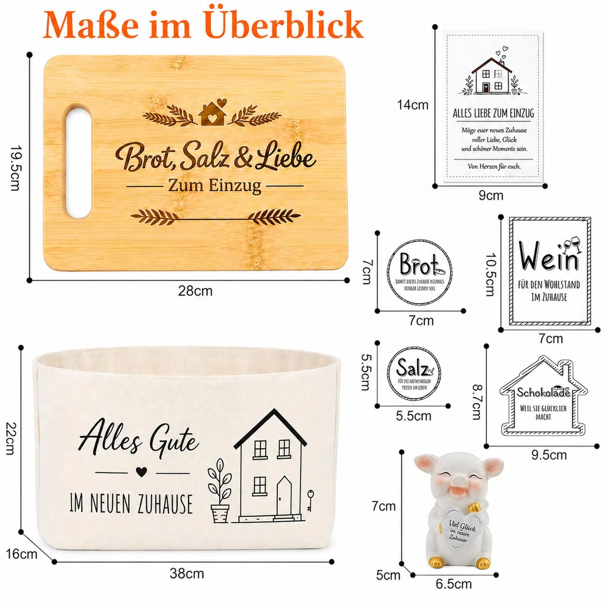 Geschenk zum Einzug Brot und Salz Set – Edles Einzugsgeschenk für Haus & Wohnung mit Bambusbrett, Brotkorb & Keramik-Glücksschwein – Inkl. Grußkarte – Geschenk für Hausbau