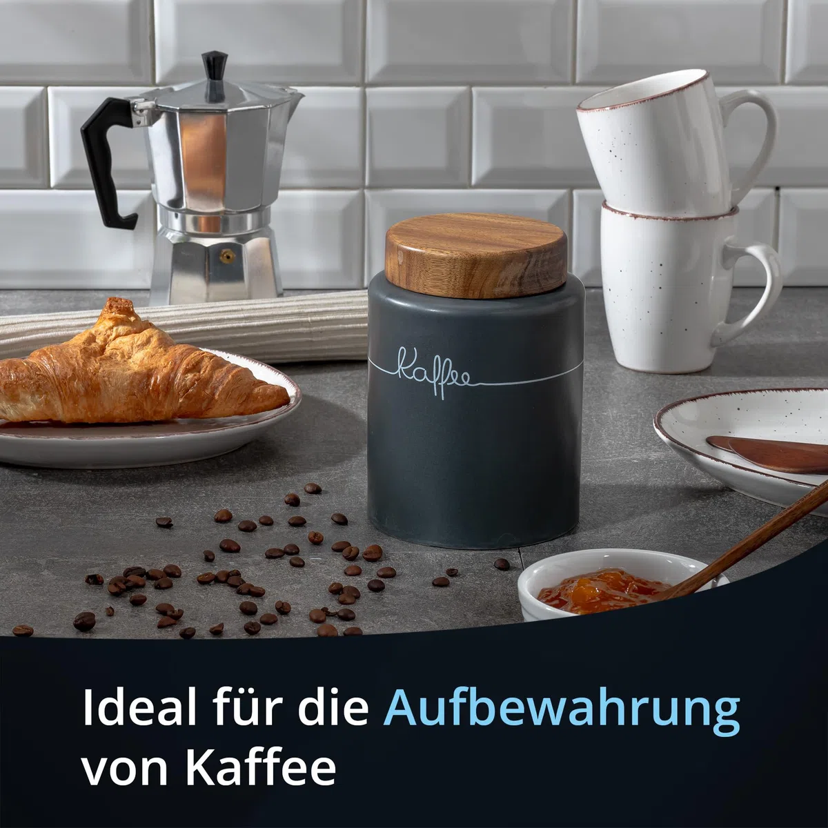 KHG Kaffeedose luftdicht, Keramik Steingut in Anthrazit Grau mit Holz-Deckel, Kapazität 1 Liter, Vorratsdose Kaffee rund & mit Beschriftung, Kaffee Aufbewahrung aromadicht