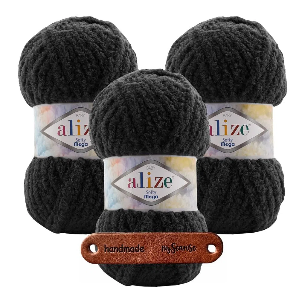 ALIZE Softy Mega 60 Black Premium Wolle 3 x 100g Superweiches bulky Chenillegarn für Stricken & Häkeln von Decken, Kissen, Amigurumi und Accessoires mit mySearose Label