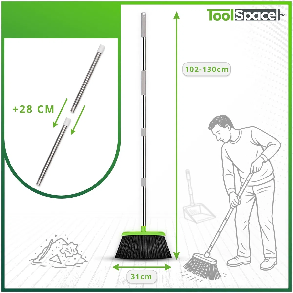 ToolSpace Besen und Kehrschaufel Set Kehrmaschine und Kehrschaufel Combo mit Langem Ausziehbarem Griff für Haushaltsreinigung Bequeme Reinigung Kehrschaufel und Bürste Combo für Haus, Büro, Lobbykehr