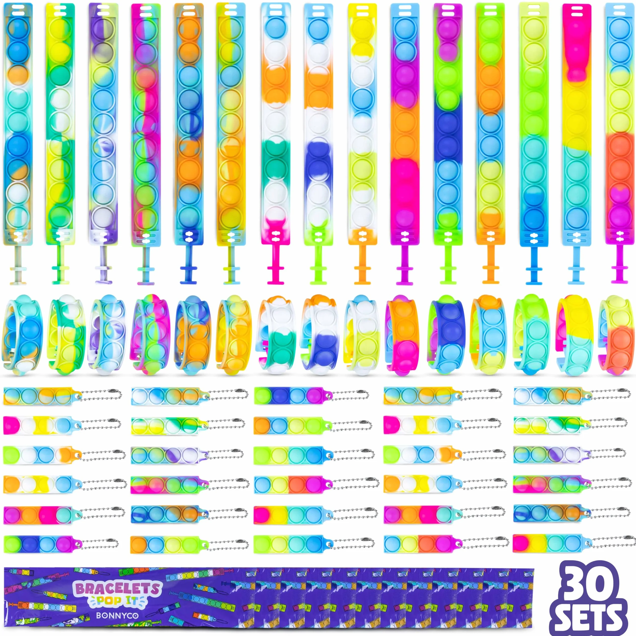 BONNYCO Armband und Schlüsselanhänger Pop It, Set 30 Mitgebsel Kindergeburtstag Gastgeschenke.Fidget Toys, Kleine Geschenke für Kinder. Mitbringsel Kindergeburtstag, Pinata Füllung Give Aways