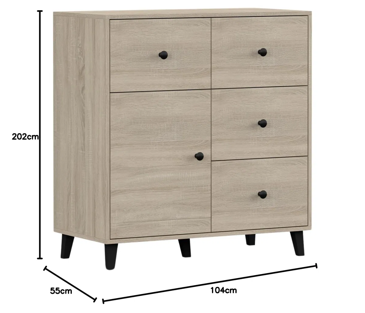 Fabryka Mebli Idźczak Kinderzimmer-Set Fox - Bett, Wandregal, Kinder Kommode, Schreibtisch, Kleiderschrank - Schwarze Holzbeine, Metallgriffe - Modernes Design - Sonoma