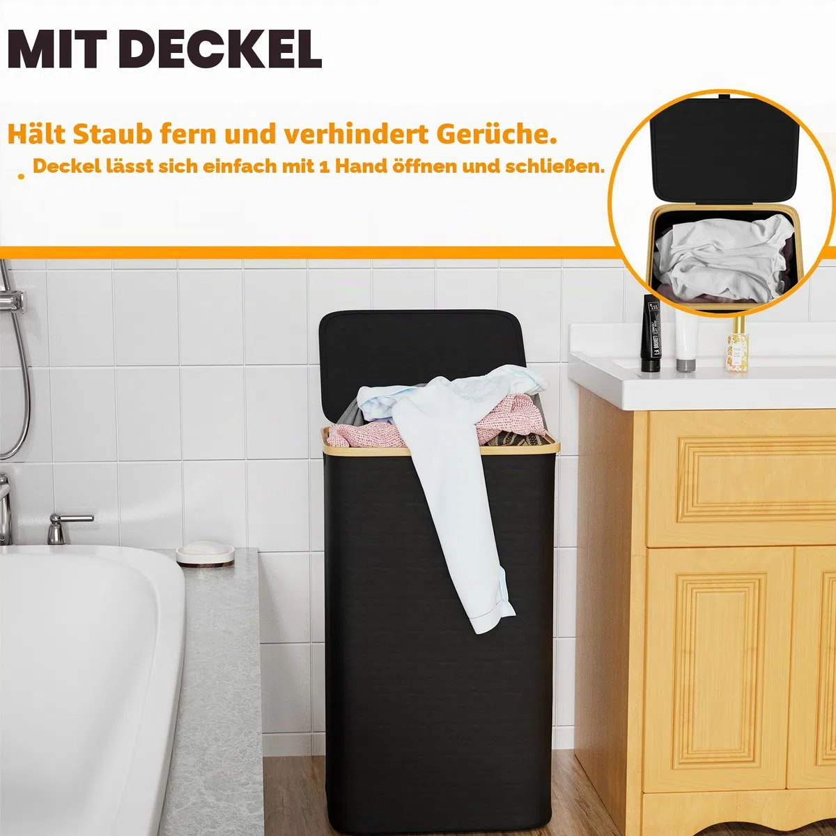 SpaceAid Wäschekorb mit Deckel 110L, Großer Hoher Wäschekorb Faltbar mit Bambusgriffen für Schlafzimmer, Badezimmer, Schlafsaal, Waschküche - Schwarz