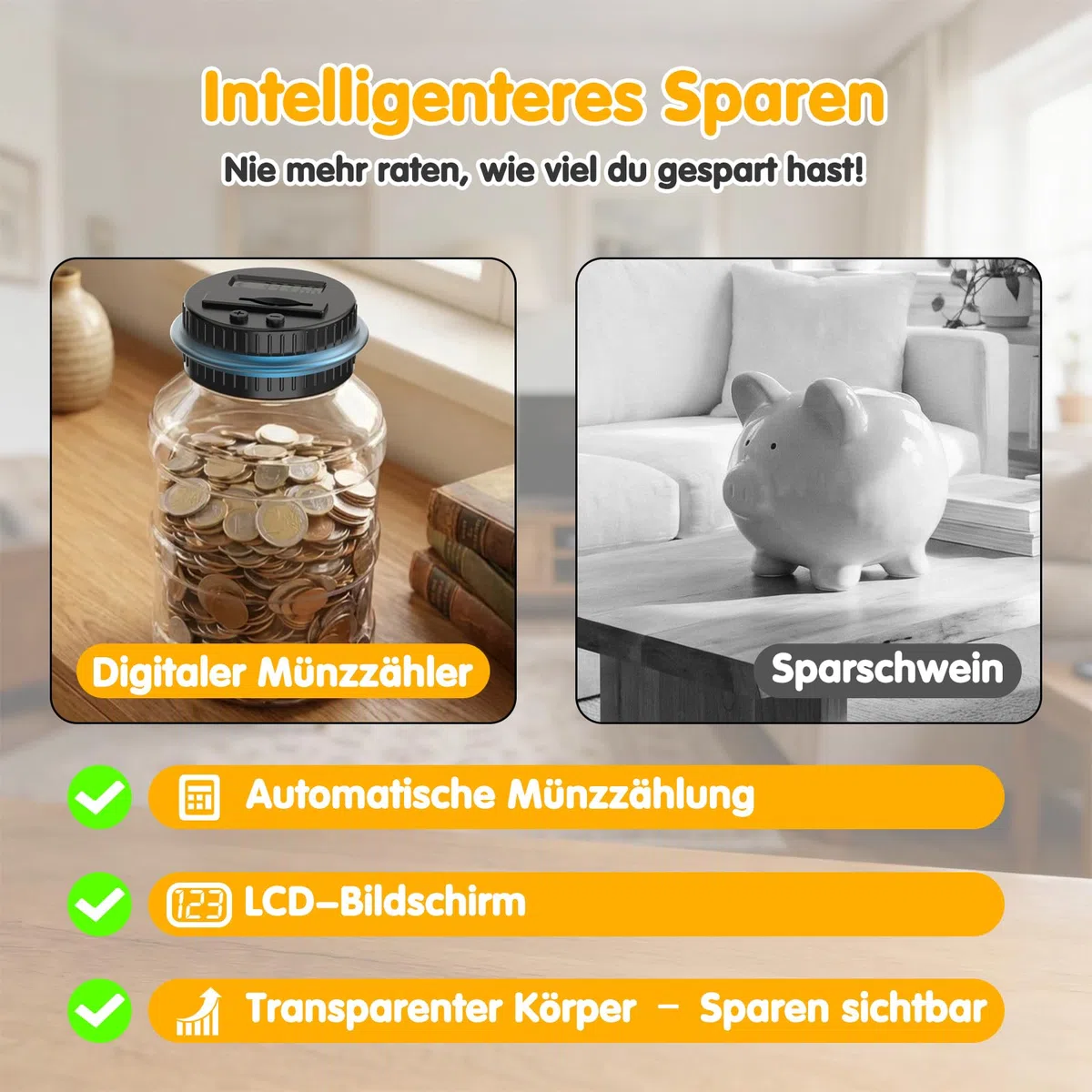 Pup Go Digitale Spardose mit Zähler, 1.8L Münzzähler Groß mit LCD Display, Sparschwein Personalisiert für Kinder Jungen Mädchen und Erwachsene, Durchsichtig Elektrische Sparbüchse Zählwerk XXL