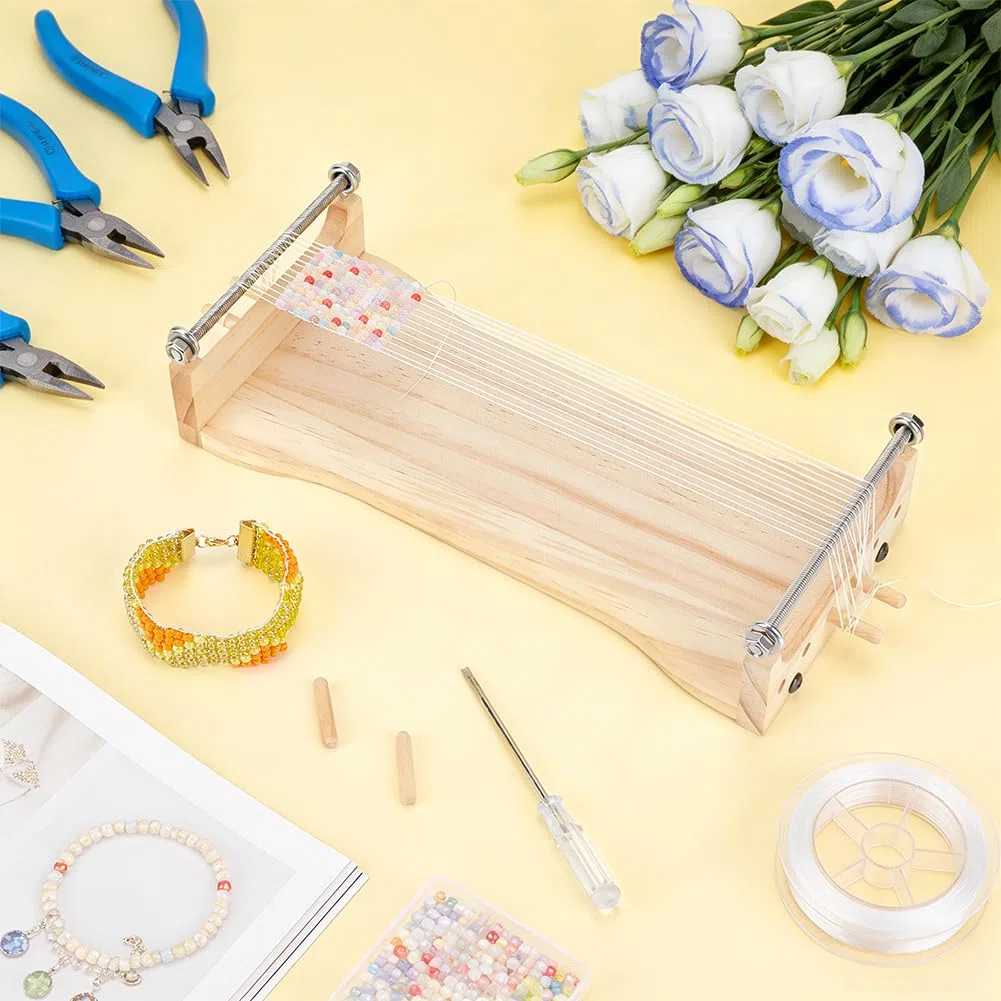 BENECREAT Holzperlen Webrahmen Set, Komplette Tablet Weaving Ausstattung mit Schraubenzieher für DIY Schmuckherstellung und Bastelprojekte, 27.4x12.5x6.3cm