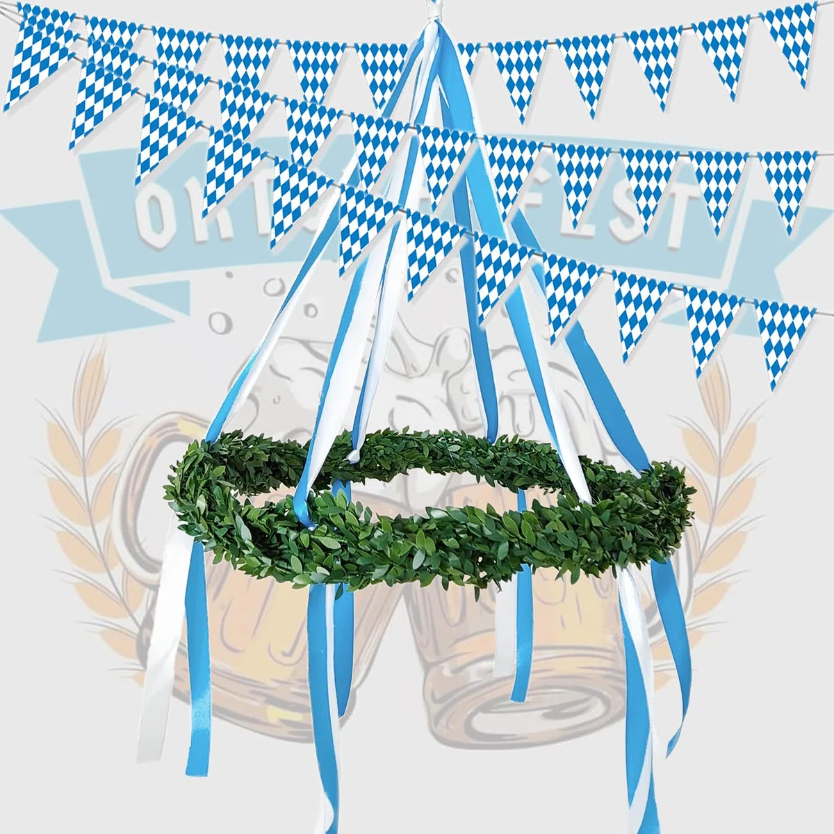DIY Oktoberfest Deko DIY Bayerische Dekokranz Maibaum mit Oktoberfest Wimpelkette Deko Oktoberfest für Bierfest Party Hausgarten Bar, Blau/Weiß, Kranz-Durchmesser: 30~40cm