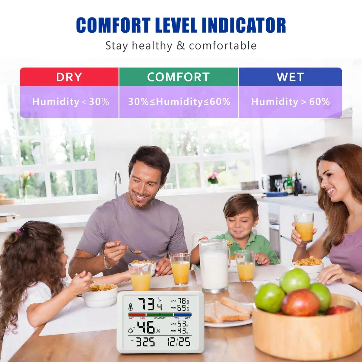 Digitales Thermometer-Hygrometer, Innenwandthermometer mit Hintergrundbeleuchtung, Digitaler Wecker, Datumsanzeige, Luftkomfortanzeige, Max-/Min-Speicher, Tischthermometer für zu Hause, Weiß