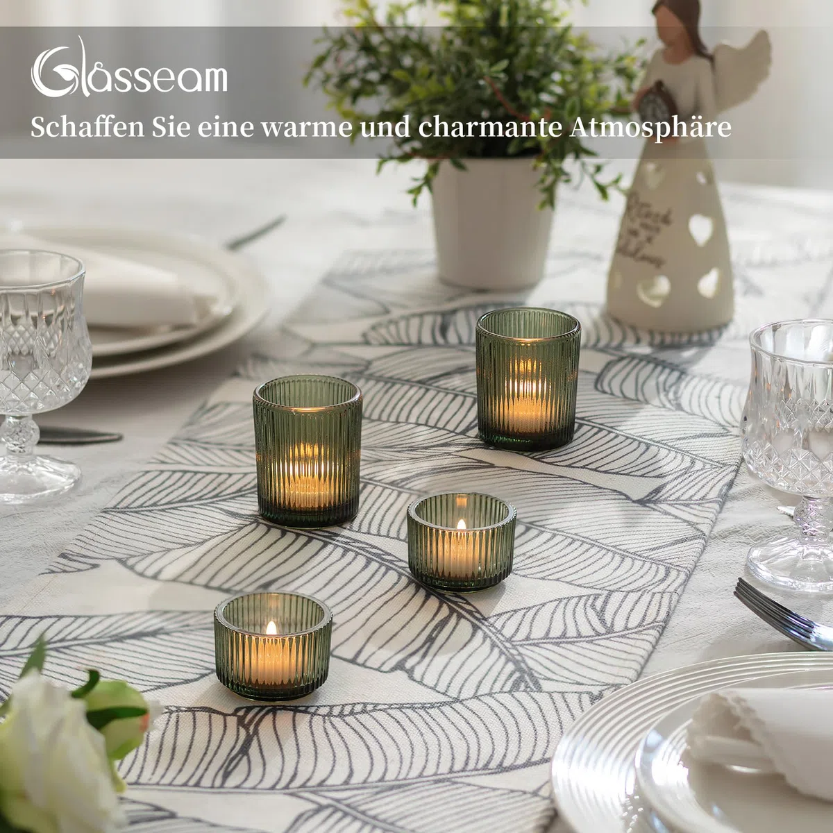 Glasseam Teelichtgläser Grün Teelichthalter Glas: 8er Set Teelichtglas Gerippt Teelicht Gläser für Tischdeko Klein Kerzengläser Votivkerzenhalter für Tisch Weihnachten Hochzeit Deko