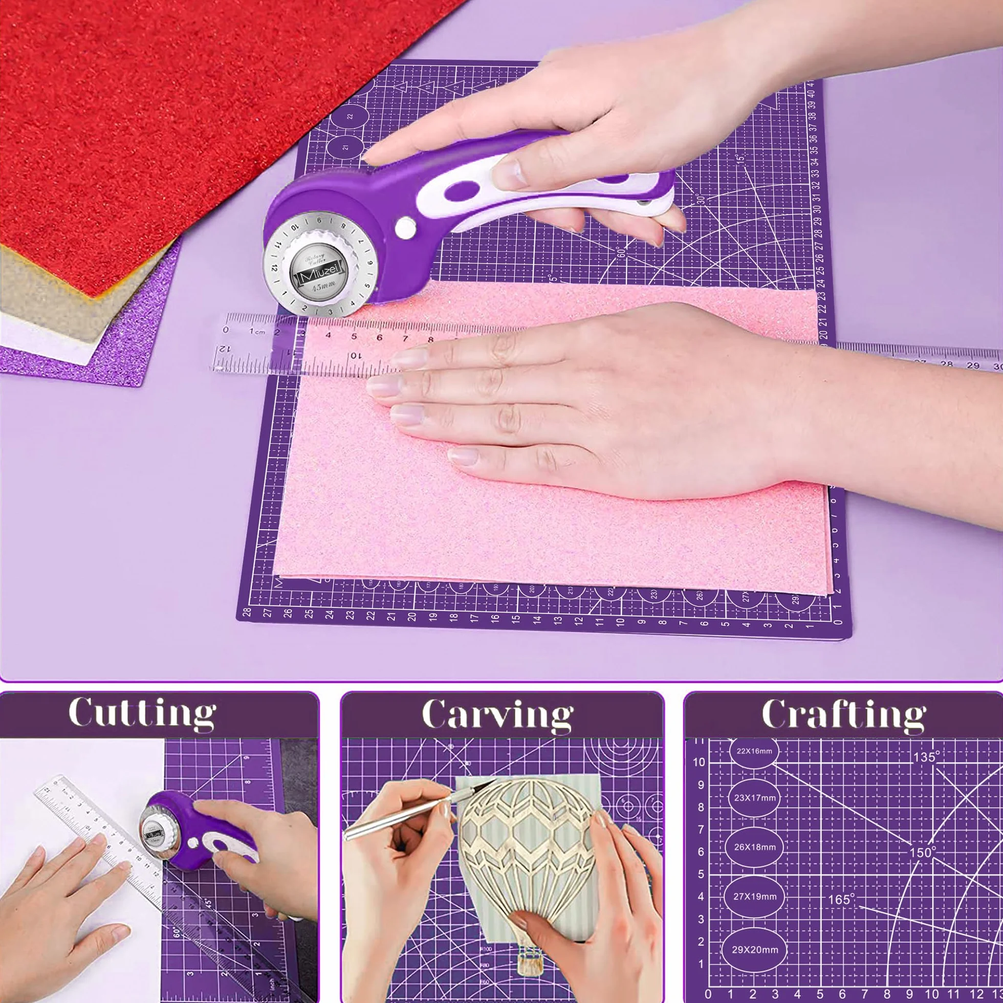 Miuzei A3 A2 Schneidematte mit Rollschneider und Ersatzklingen, Selbstheilende Handwerksunterlage Lila, Nähzubehör, Stoffschneider-Set, Cutting Mat,Schreibtischunterlage zum Basteln Schneiden,Malen