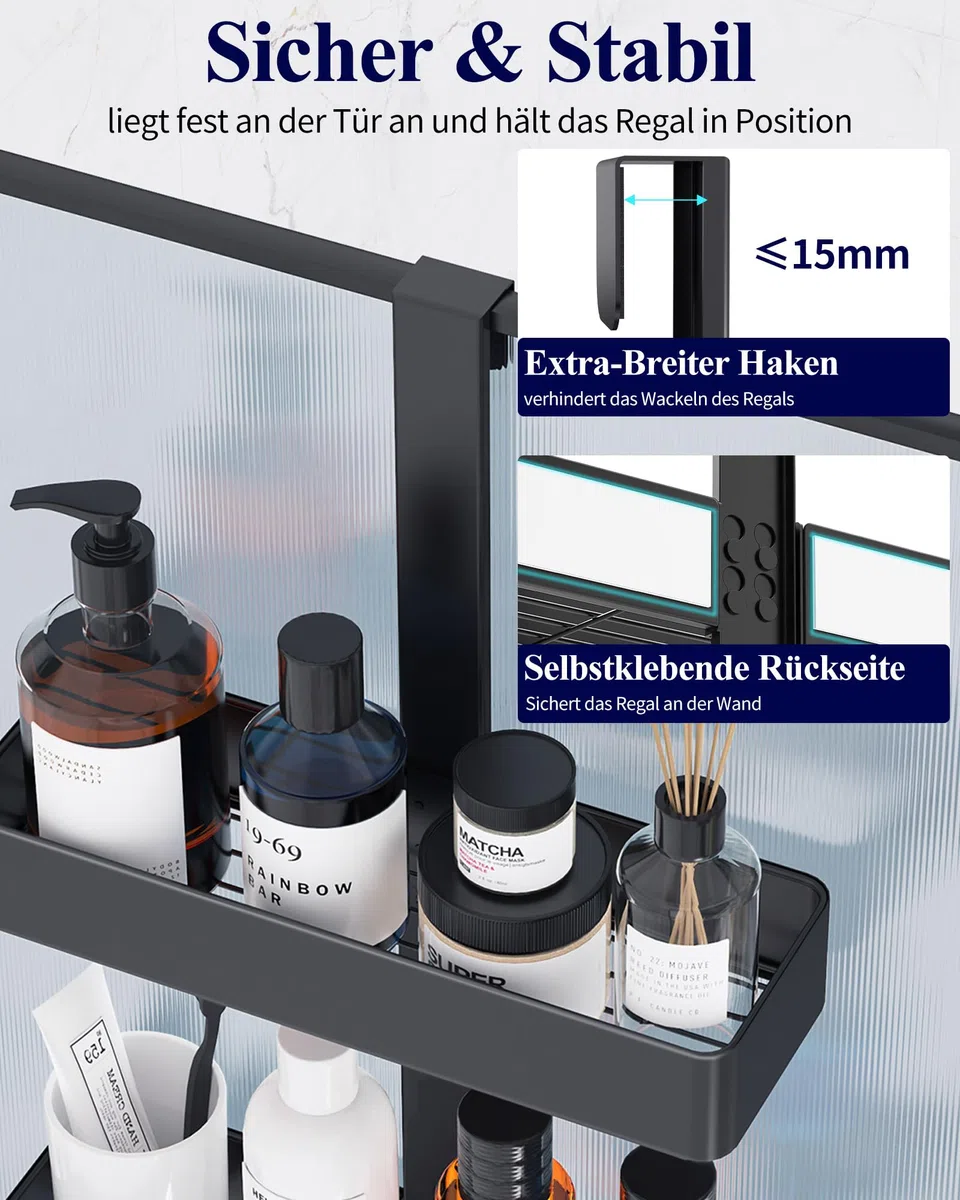 Kitsure Duschregal ohne Bohren - 2-stöckiges Duschablage, rostfrei & vielseitig Duschablage ohne Bohren, praktisches Duschregal für Shampoo, Handtuch & Abzieher, 29,1 x 11,2 x 5,1cm, Schwarz