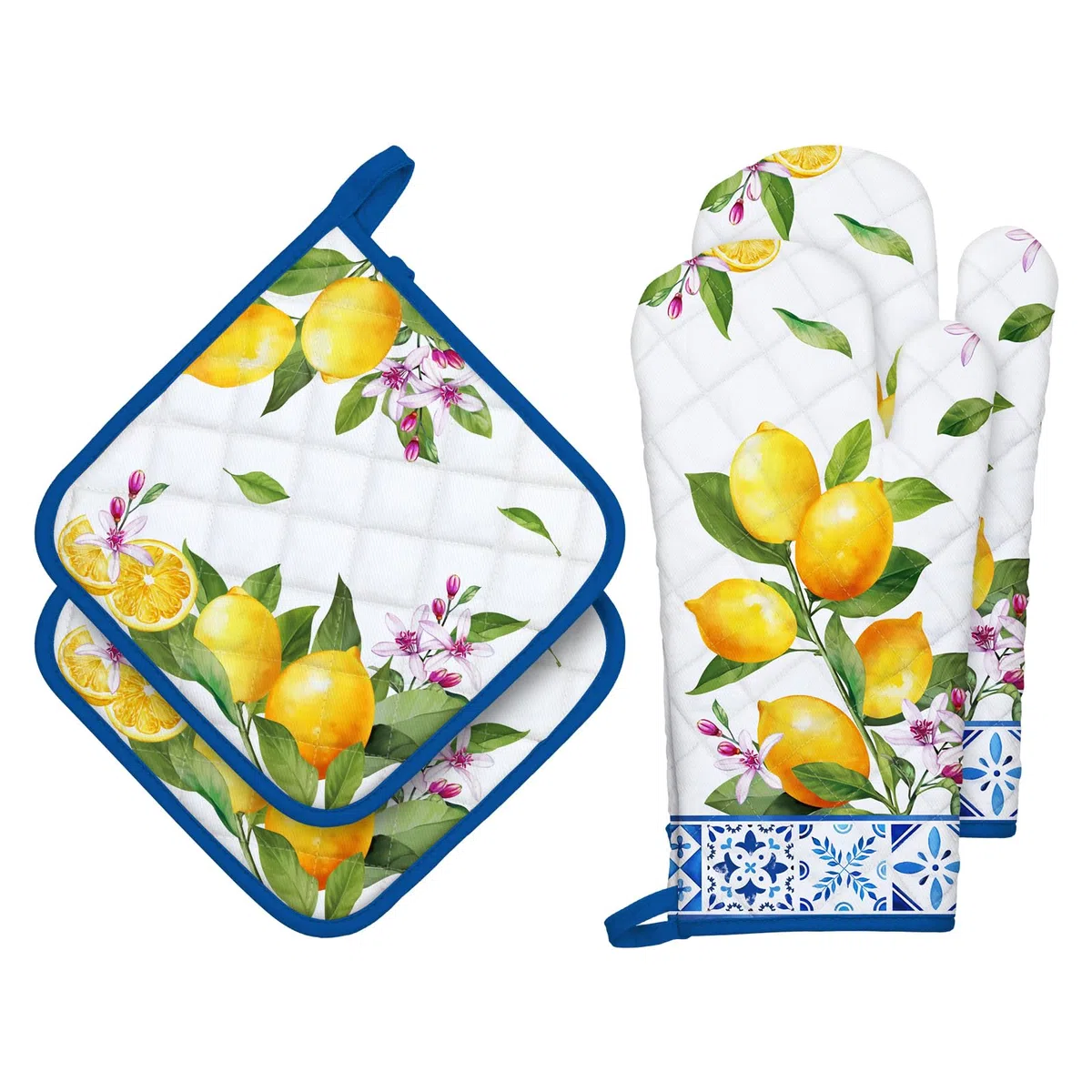 Ofenhandschuh und Topflappen 4er Set, 100% Baumwolle Kochhandschuhe, Hitzebeständiger Küchenhandschuh Zum Kochen Backen Grillen Geschenk,Zitrone