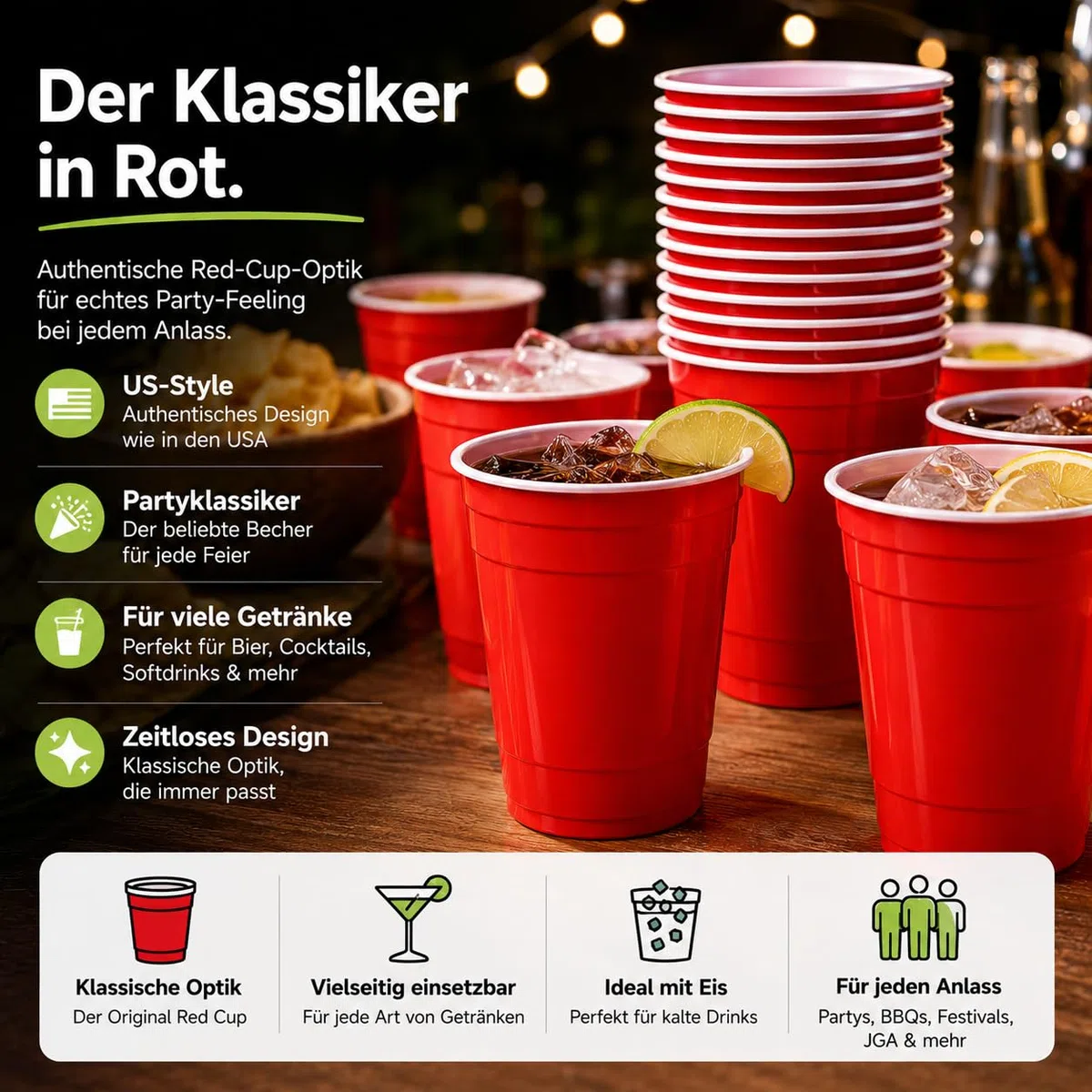Red Cups extra stark – 473 ml / 16 oz Beer Pong Becher, wiederverwendbare Partybecher, rote Plastikbecher für Bierpong, Partys, Festivals, JGA, Camping (250x)