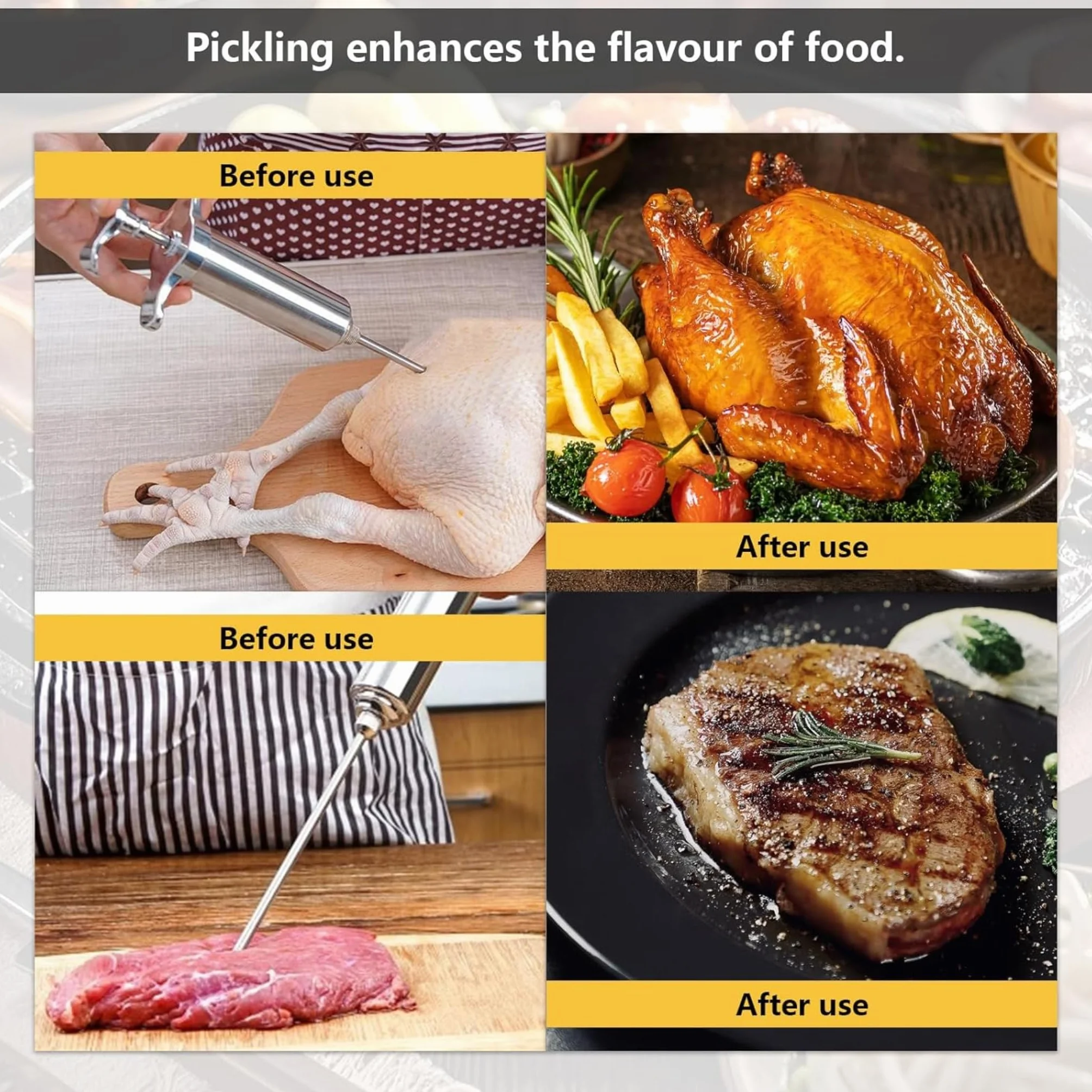 60 ml Edelstahl Fleischinjektor mit 3 Nadeln – Grill-Marinadenspritze, Truthahnspritze für Rind, Huhn und Schweinefleisch, spülmaschinenfest, leicht zu reinigen