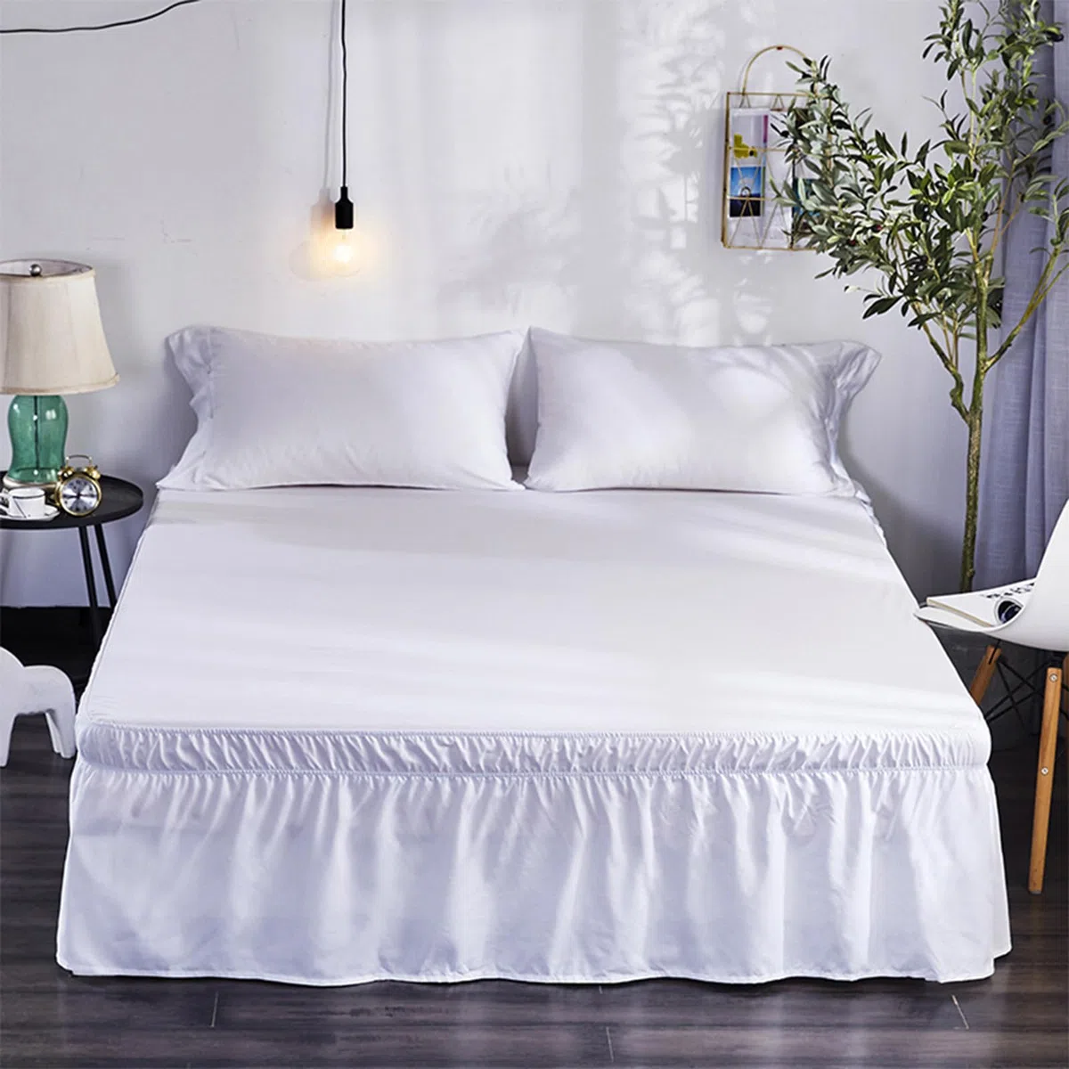 Gefalteter ​Bettrock, 150x200x38cm Bettrock zum Umwickeln, Elastische Bett Wrap Ruffled, Ruffled Solid Bed Rock Bettvolant Lichtbeständig Bettumrandung für Schlafzimmer Hotel Bett(Queen, Weiß)