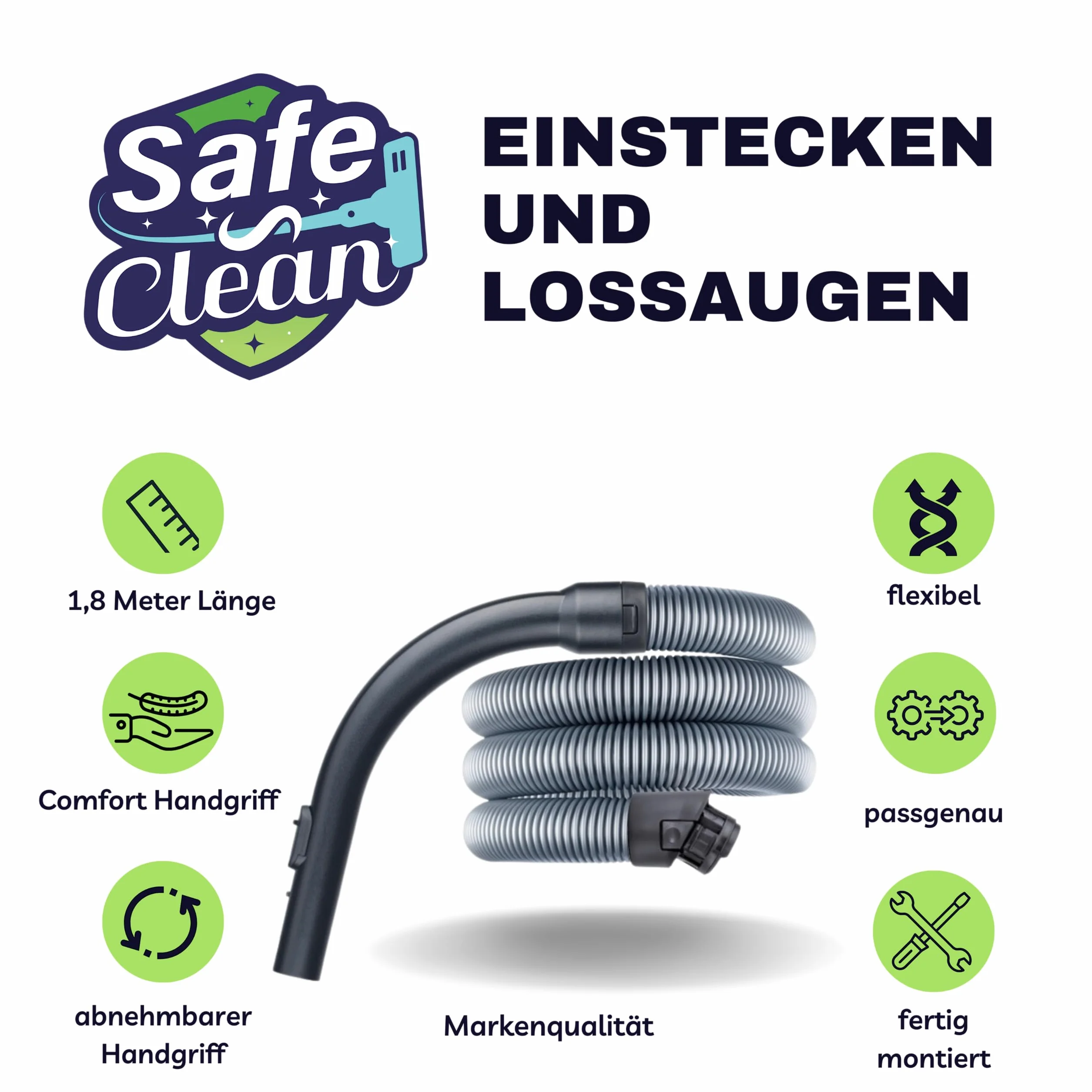 Staubsaugerschlauch kompatibel mit allen Miele Modellen S8, S8000, C3 Complete & C3 Compact (z.B. S8330 S8340 S8390 83790 C3 EcoLine Cat&Dog PowerLine Silence etc.) Ersatzteile für Miele 1,8m Standard
