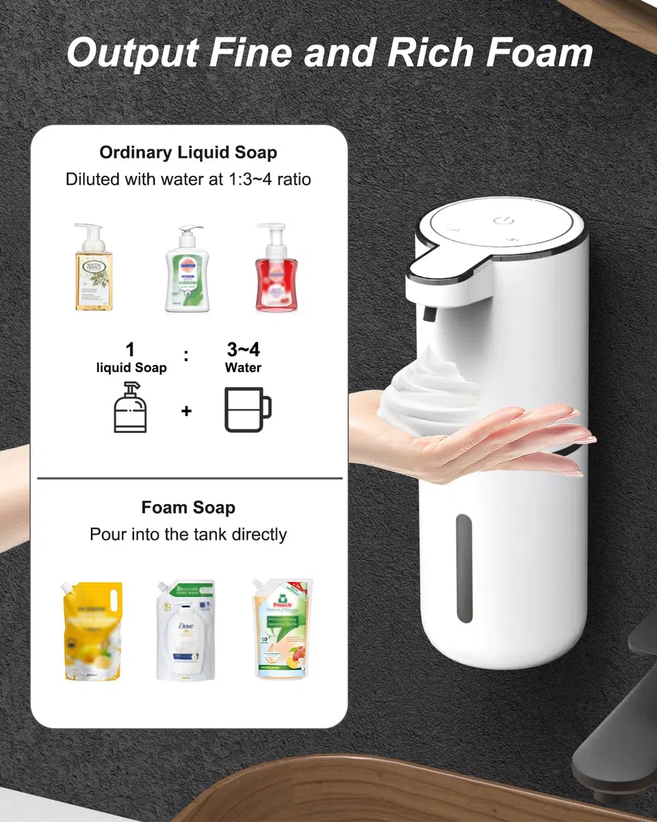 Dalugo No Touch Schaumseifenspender Sensor 380mL USB Wiederaufladbar, Automatischer Seifenspender Mit Wandbefestigung, IPX5 Wasserdicht Elektrisch Weiß für Badezimmer Küche