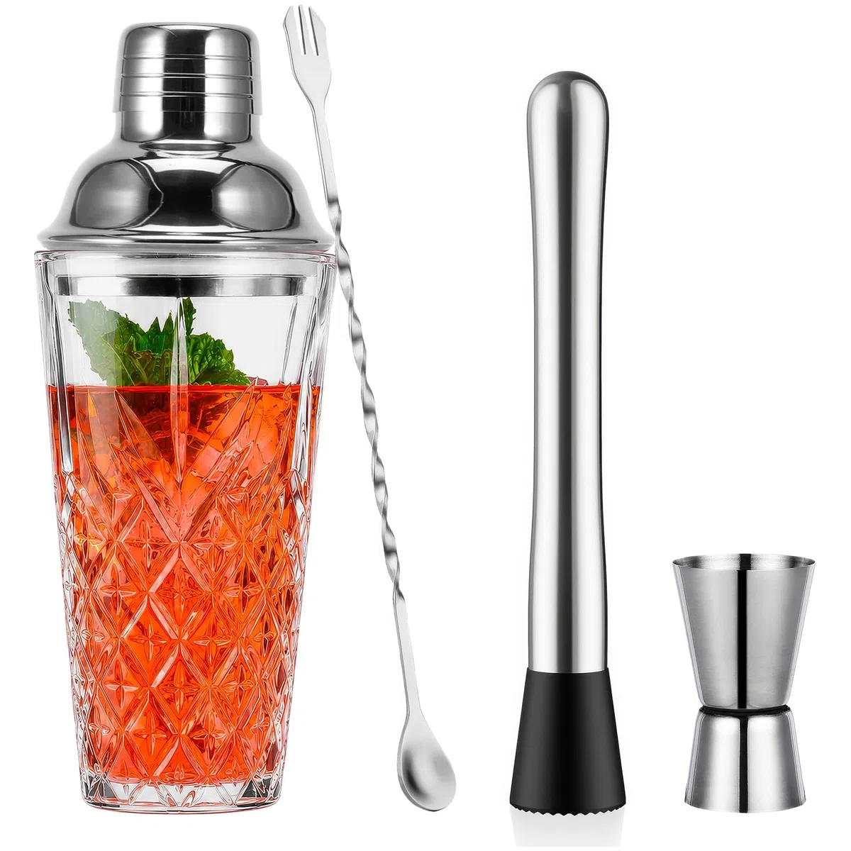 OUZHOU Cocktail Shaker, 4 Stück Cocktail Set Cocktail Shaker Glas mit Auslaufsicherem Edelstahl-Deckel, Boston Shaker Coktailshakerset mit Weinmessbecher Rührstäbchen Eisstampfer für Haus und Bar