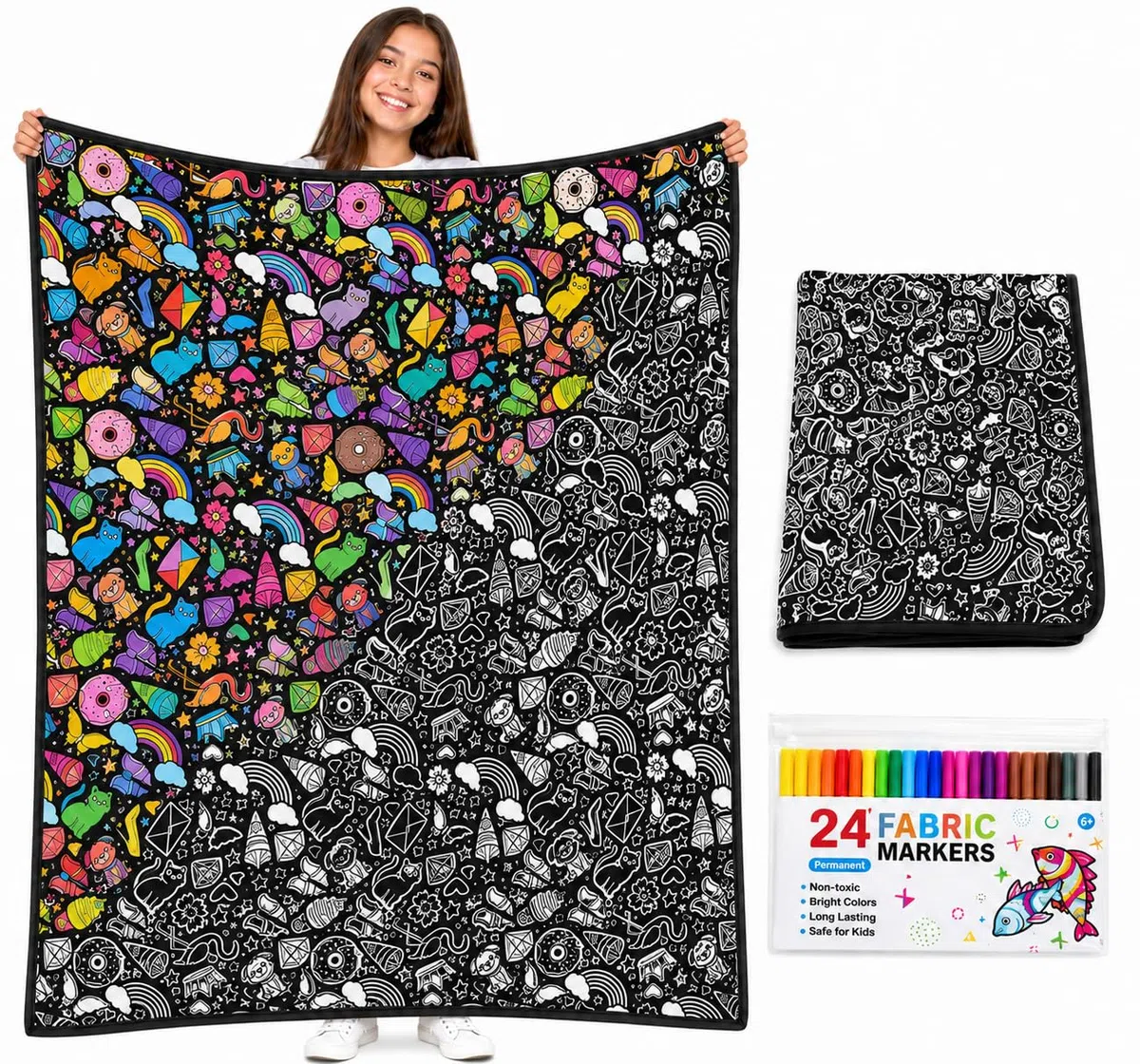 VEELU Kritzel Kuscheldecke zum Ausmalen für Erwachsene, DIY Maldecke zum Bemalen mit Stiften, Wiederverwendbare Coloring Blanket, Decke zum Selbergestalten, Kreative Geschenkidee (Stil 3)