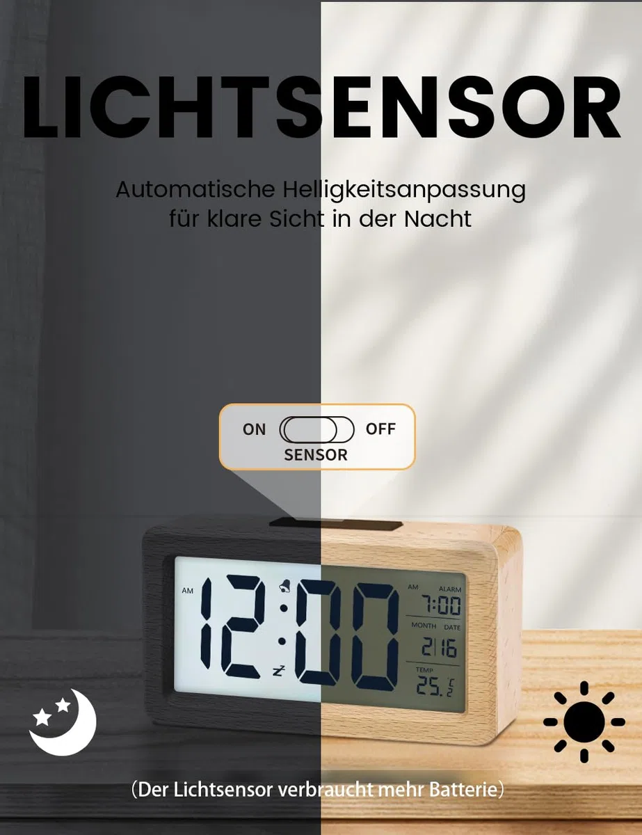 aboveClock Wecker Digital, Holz mit Sensore Moduls, Tischuhr mit Großer Anzeige, Datum, Teperatur Anzeige, Nachtlicht, Digital Uhr mit Snooze Moduls (Batterie Nicht Enthalten)