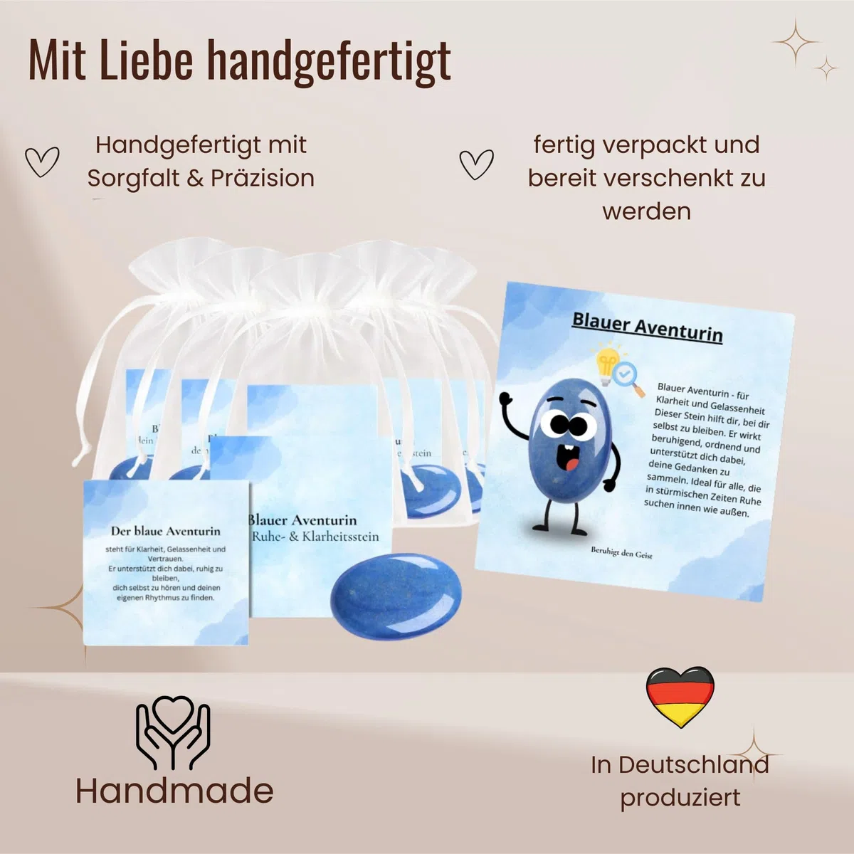 Milaboo Magie der Edelsteine – 12x Glückssteine mit Bedeutung & Karte im Organzasäckchen – Dekoratives Geschenkset mit Broschüre – Mutstein & Schutzstein
