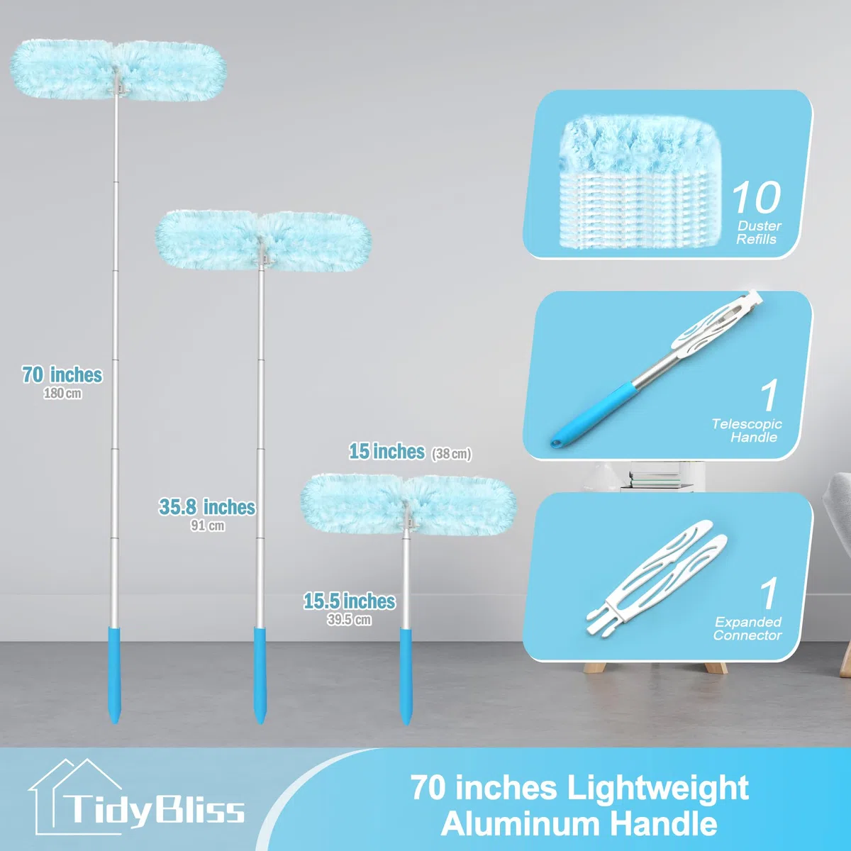TidyBliss Staubwedel Teleskopstange für Swiffer, 180cm Staubmagnet Lang Ausziehbar mit 10 Nachfüllpack, 360 Grad Teleskop Spinnenwebenentferner Staubwischer zum Reinigen Decke Ventilator Wand
