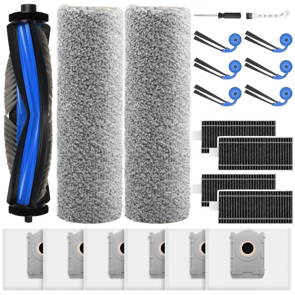 21 Stück Zubehör für Ecovacs Deebot X9 PRO Omni / X11 PRO Omni / T80s Omni Saugroboter, Ersatzteile mit 1 Hauptbürste, 6 Staubbeutel, 2 Wischwalze, 4 Filter, 6 Seitenbürsten, 1 Reinigungsbürste