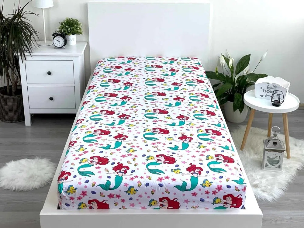 Jerry Fabrics Spannbettlaken für Einzelbett, Ariel Friends, Bettwäsche aus 100 % Baumwolle, bequem und atmungsaktiv, niedliches Disney-Prinzessinnenmotiv Arielle