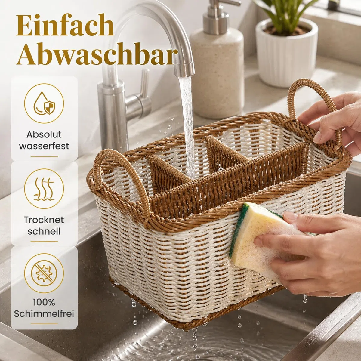 Besteckhalter aus Rattan, Besteckkorb Geflochten für Tisch, Tischbutler für Besteck und Utensilien mit Griffen und 4 Fächern, Waschbarer Besteckorganizer für Küche, Esszimmer, Garten oder Picknick