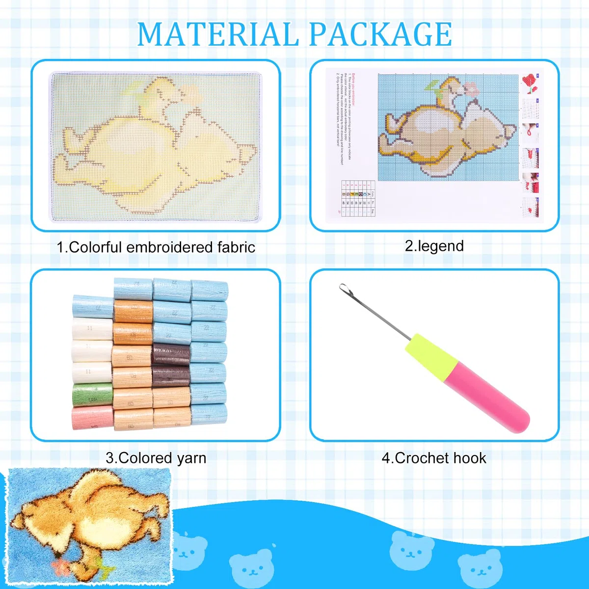 Knüpfteppich Set für Kinder,Anfänger und Erwachsene zum Selber Knüpfen,Latch Hook Kits mit Vordruck und Englische Lernprogramm,DIY Knüpfsets KreuzstichTeppich Set,52x38 cm(Honigbär)