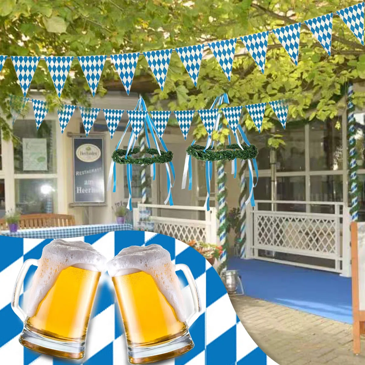 DIY Oktoberfest Deko DIY Bayerische Dekokranz Maibaum mit Oktoberfest Wimpelkette Deko Oktoberfest für Bierfest Party Hausgarten Bar, Blau/Weiß, Kranz-Durchmesser: 30~40cm