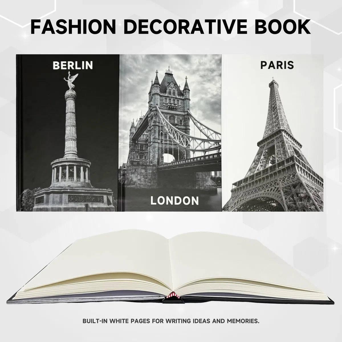 3 Stück Dekorative Buch,Modische Dekorative Bücher mit Befüllbaren Leeren Seiten für Heimdekor,Display Bücher für Couchtisch Büro, Dekobücher für Display Regale Wohnzimmer(Paris/London/Berlin)