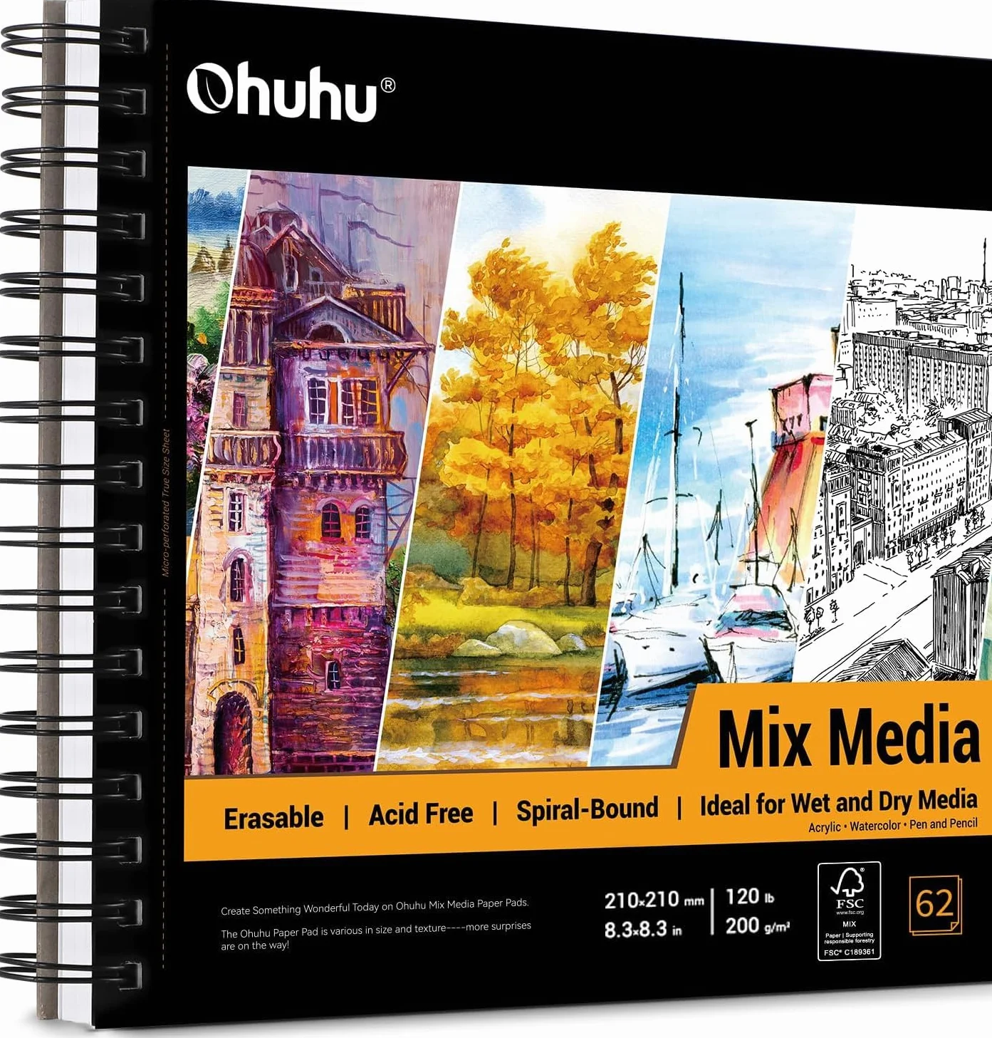 Ohuhu Skizzenbuch Mischtechnik - 200g/m² säurefreier Künstlerblock (124 Seiten/62 Blatt), Spiralbindung für Nass- & Trockentechniken, Ideal für Aquarel, Acryl, Bleistift - Quadratisch (21x21 cm)