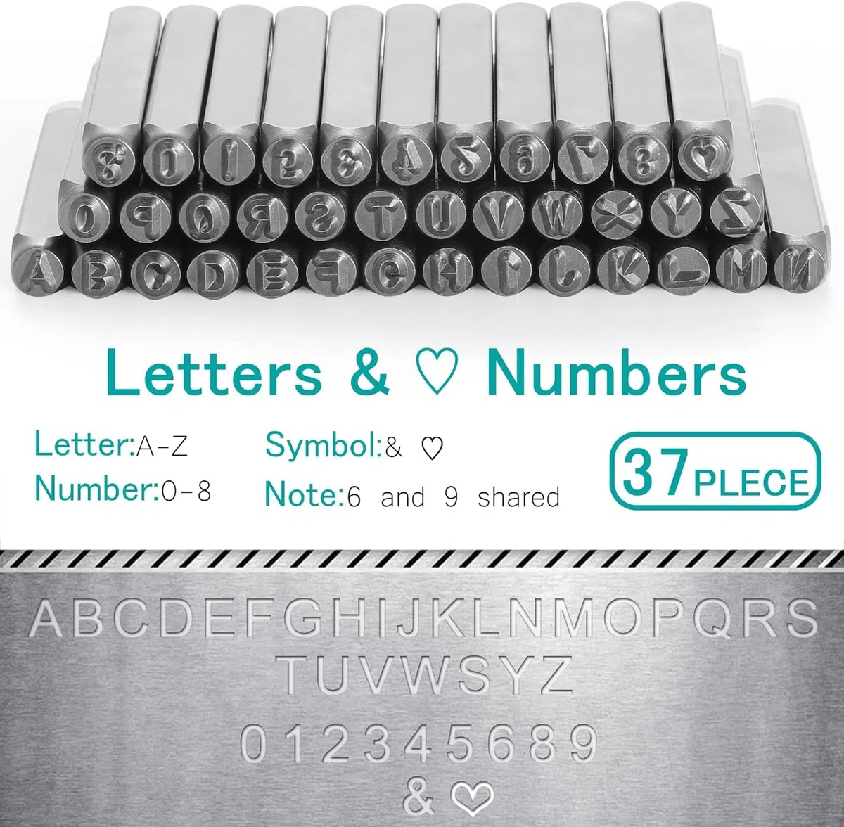 37-teiliges Metall Schlagstempel Set 3mm, Alphabet A-Z Zahlen 0-9 & Sonderzeichen, Gehärteter Stahl Prägestempel für Metall Kunststoff Holz Leder,
