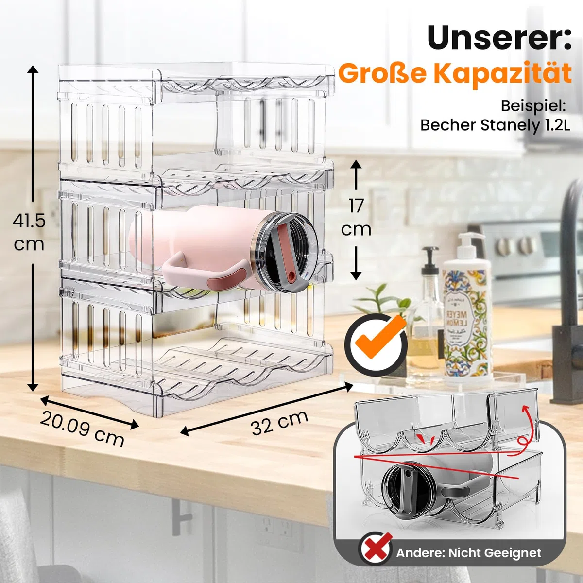 Gracenal Stapelbar Flaschenregal, Flaschenhalter für Küche Schrank Flaschen Organizer, Kühlschrank Getränke Organizer, 4 Schichten Stanley Cup Zubehör für 1,2L Flaschen